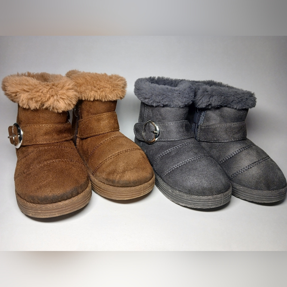 Pair of Little Girls Cozy Brown & Gray Faux Fur-Lined Winter Boots. Size 11 & 12